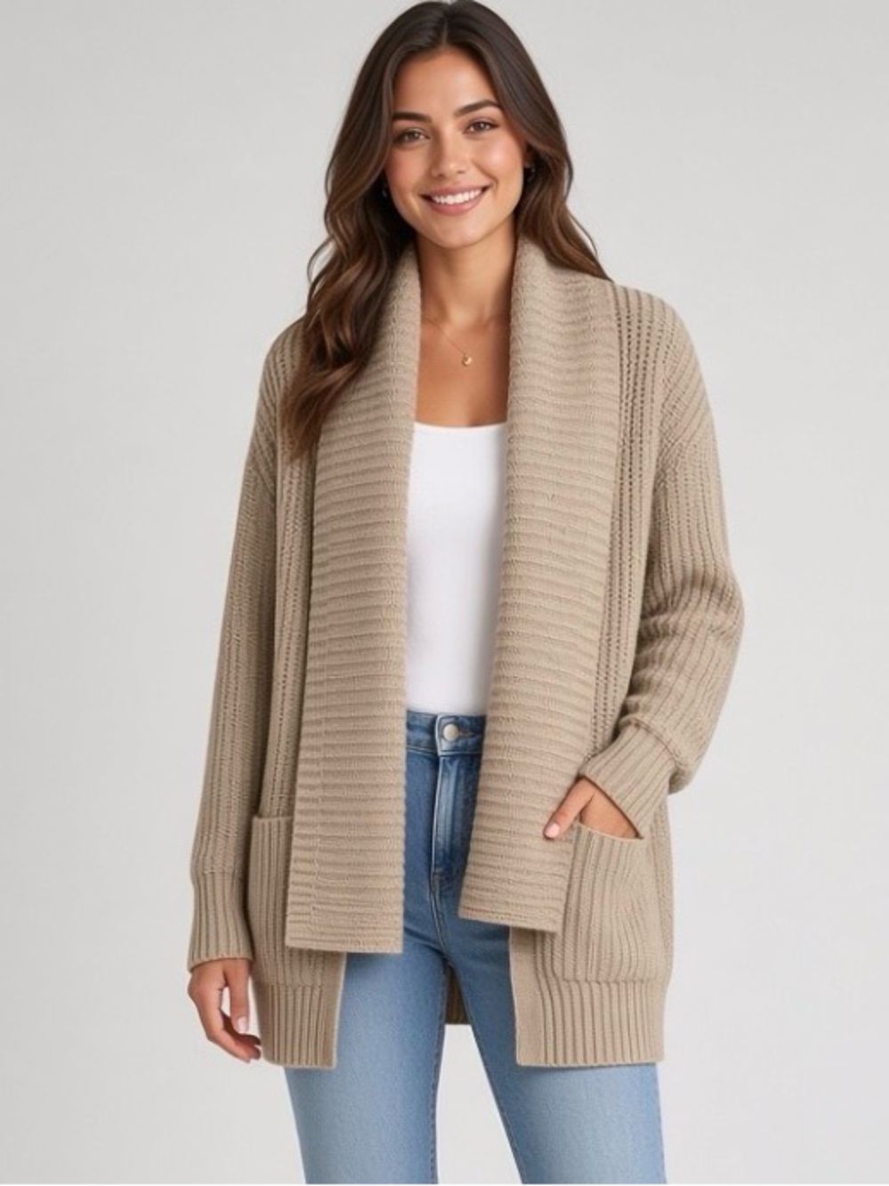 J.Crew 100% Wool Open-Front Shawl Collar Cardigan – Beige/Oatmeal